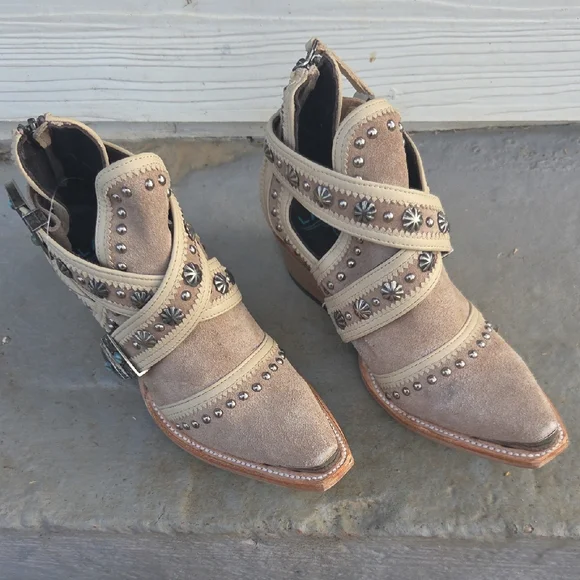 Lane Boots Tan Studded Leather Ankle Booties - Turquoise Soles - Picture 2 of 11